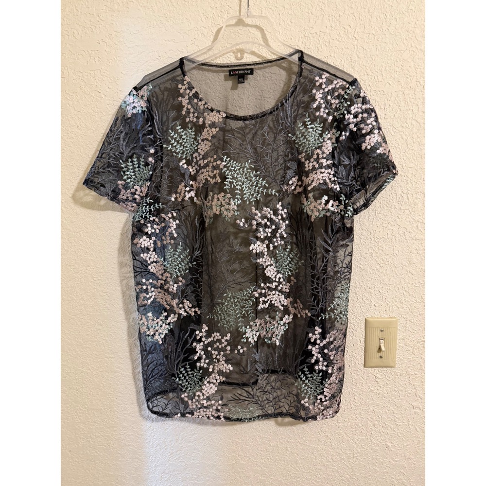 Lane Bryant Womens Black Floral‎ Embroidered Mesh Sheer Top Plus Size 14/16